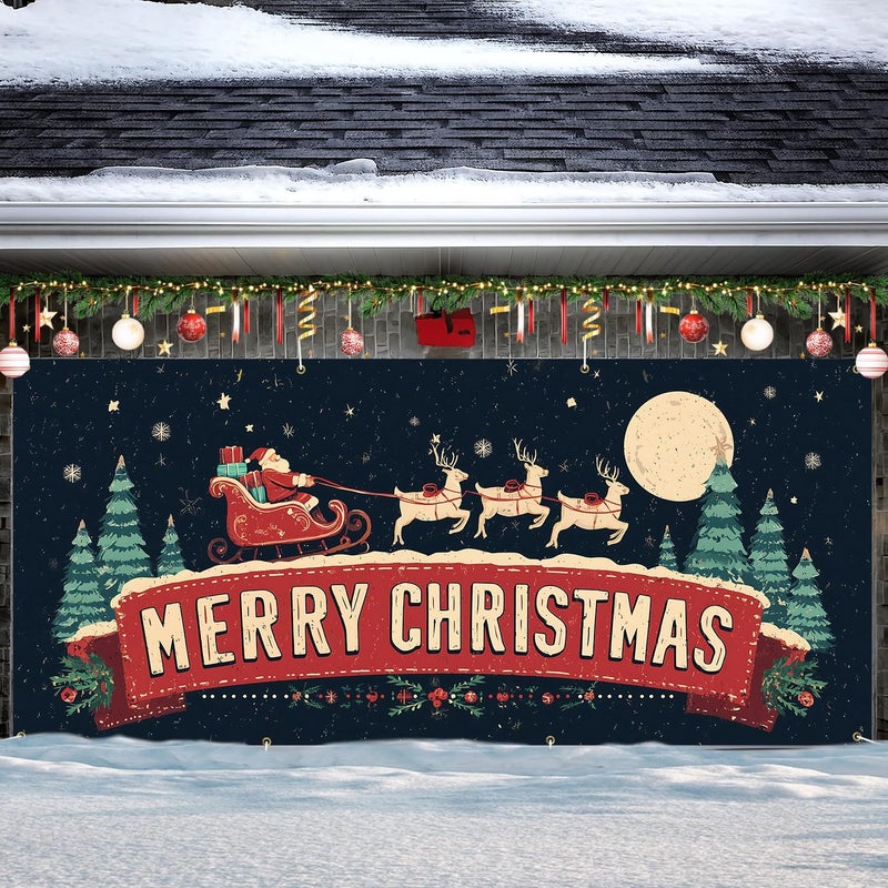 ANNA QUEEN Christmas Garage Door Banner 6×13 FT, Retro Santa Sleigh & Merry Christmas Sign, Large Outdoor Garage Decoration for Parties Home Decor - Image 2